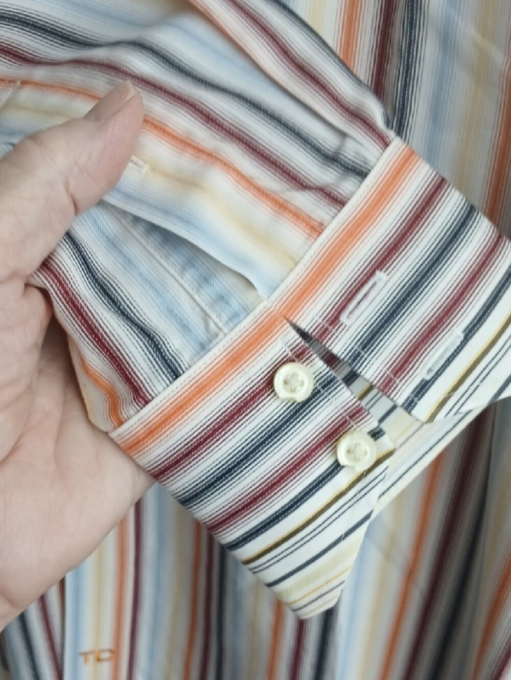 Thomas Dean Men’s medium Striped Button-Down Shirt — White, Blue, Orange - Picture 4 of 8